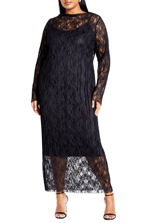Long Sleeve Plissé Lace Sheath Dress (Plus)
