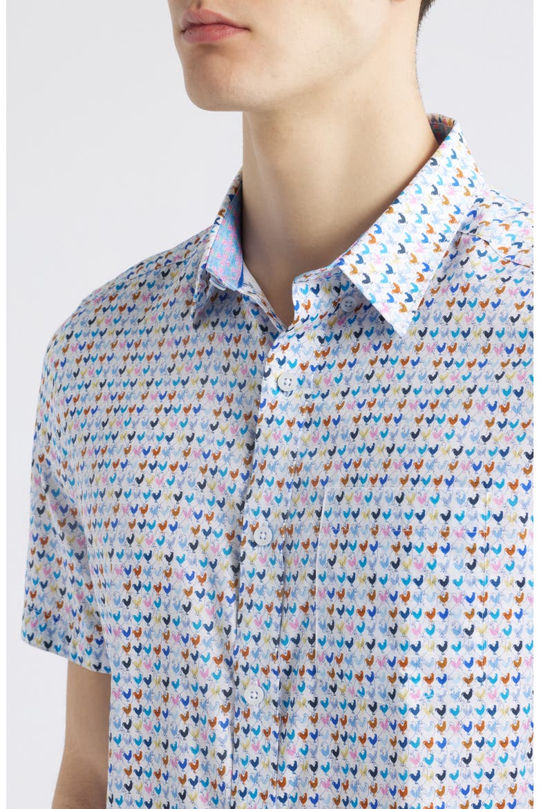 Rooster Print Short Sleeve Button-Up Shirt, Alternate, color, WHITE MULTI
