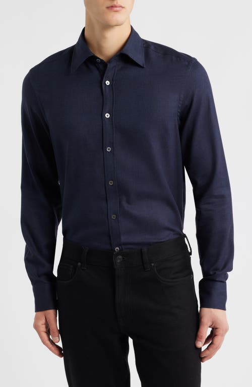 Canali Regular Fit Navy Brushed Cotton Blend Herringbone Button-up Shirt In Blue