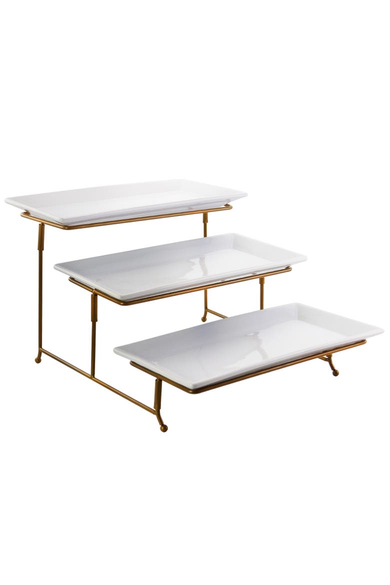 3 Tie Rectangle Porcelain Plate Set with Gold Stand, Alternate, color, White