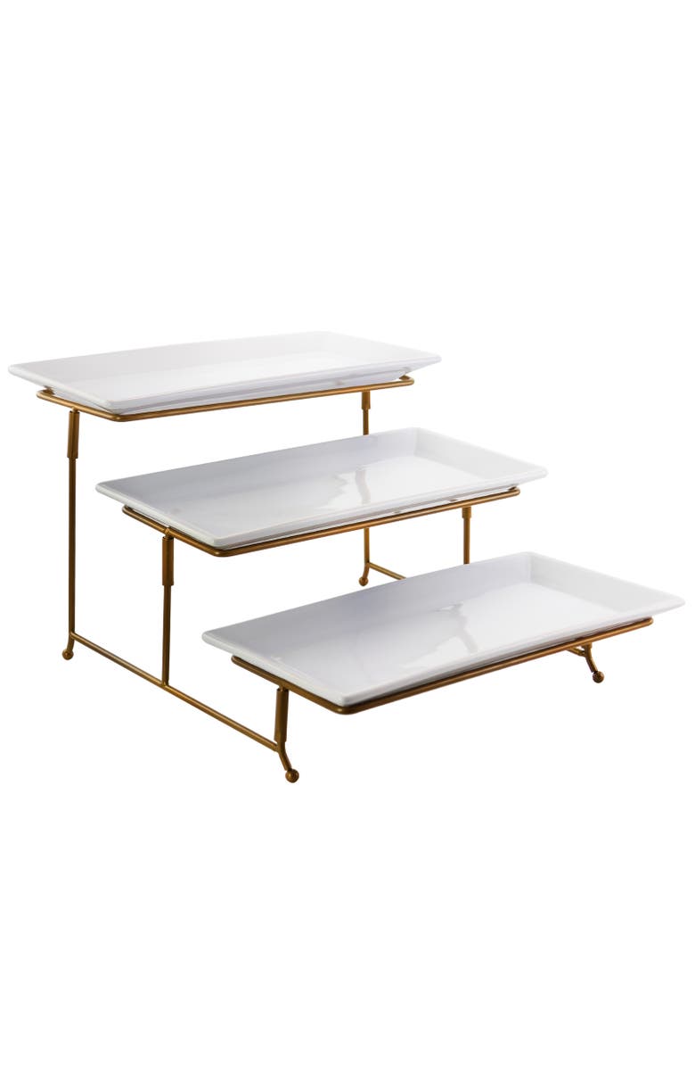 Gibson Elite Gracious Dining 3 Tie Rectangle Porcelain Plate Set with Gold Metal Stand, Alternate, color, White
