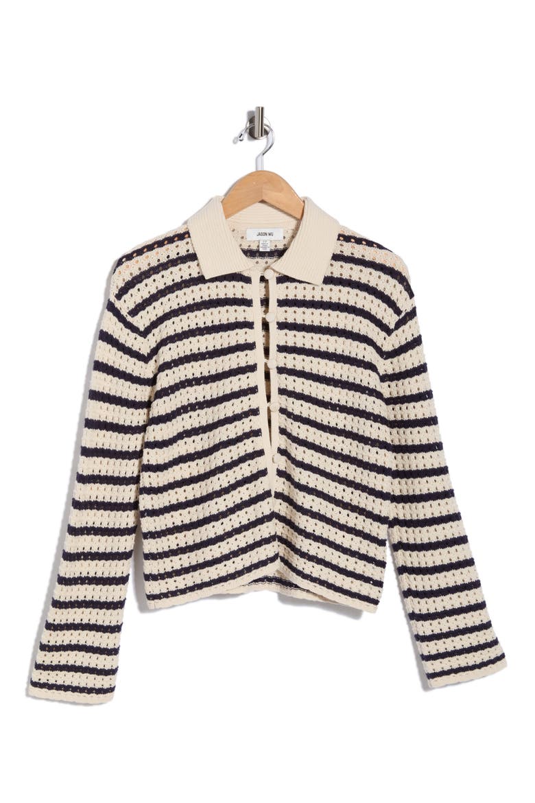 Stripe Pointelle Cardigan, Main, color, IVORY/ NAVY