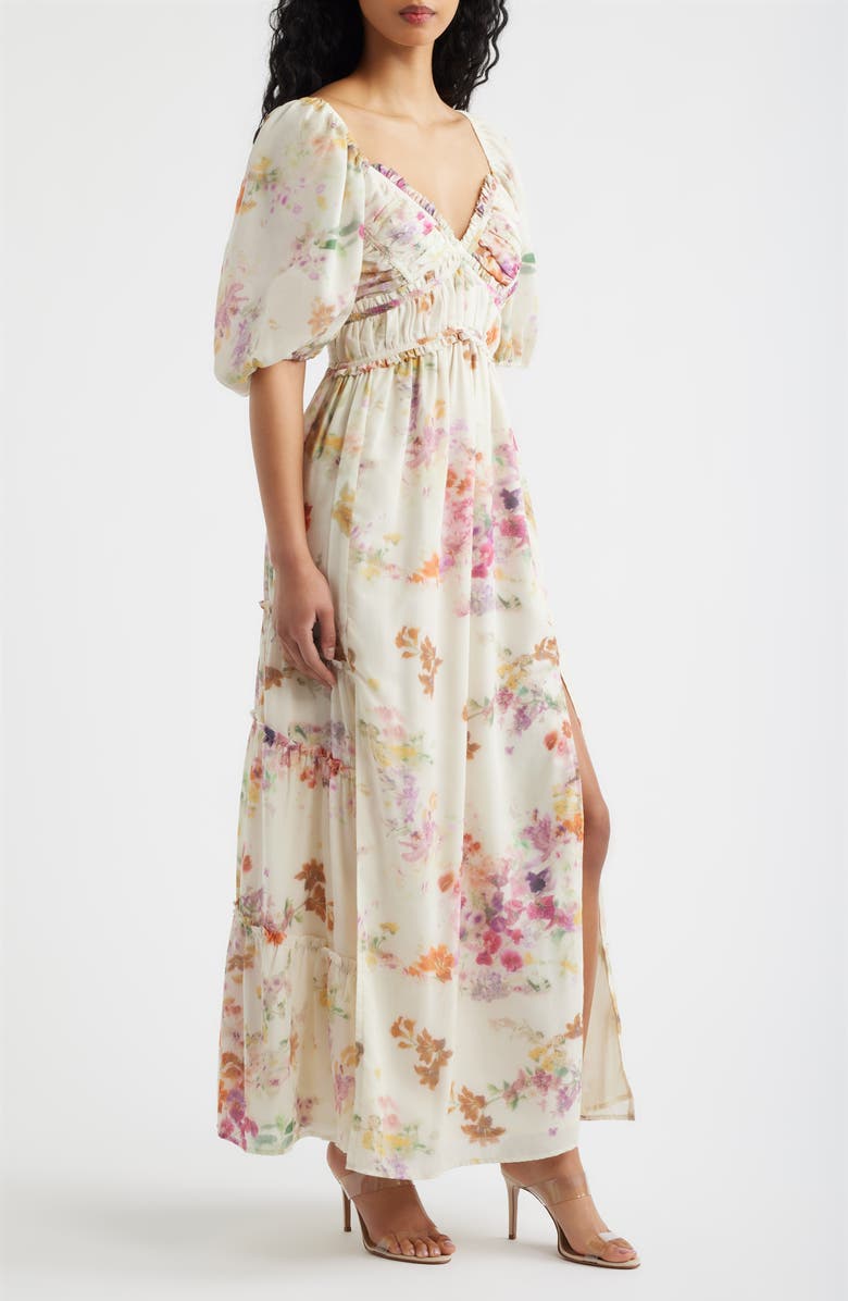 Lulus Madison Ruffle Puff Sleeve Maxi Dress, Alternate, color, Ivory Multi Floral