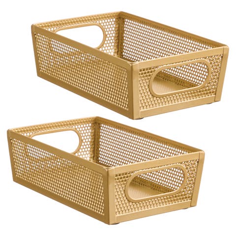 Perforated Metal Storage Bin with Handles - Set of 2 - Soft Brass