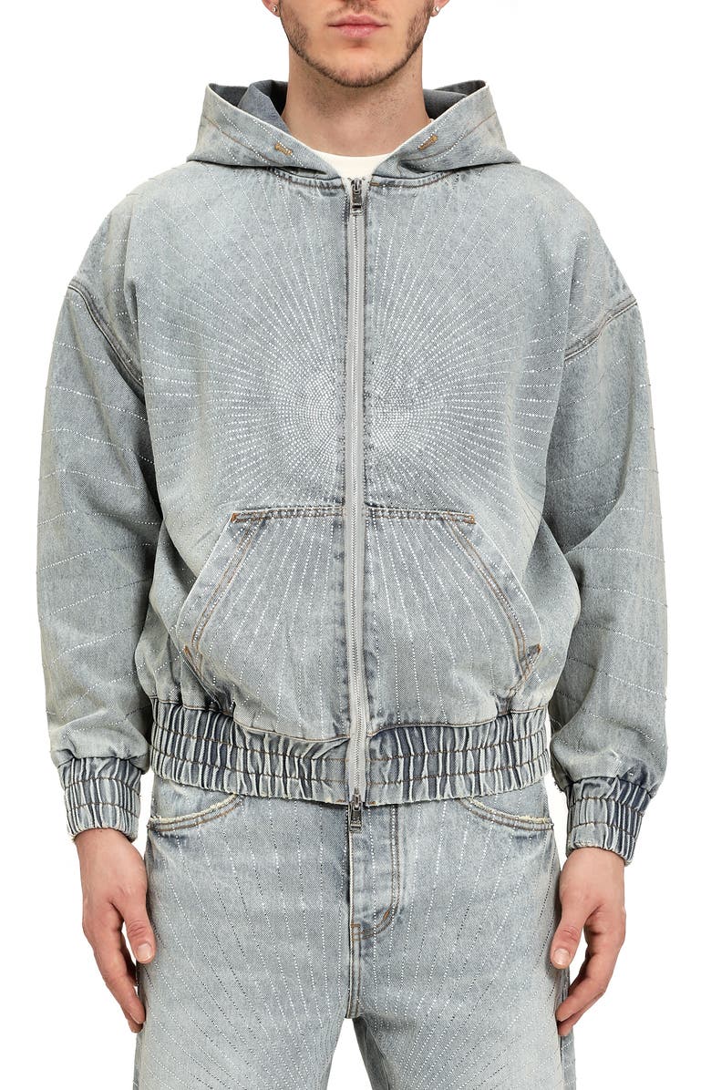 PURPLE BRAND Radial Crystal Hotfix Denim Zip Jacket, Main, color, Light Indigo