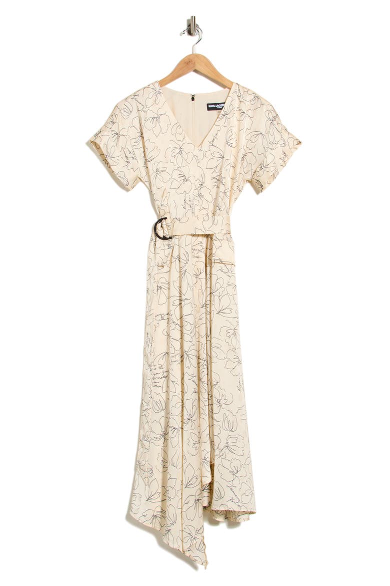 Floral Short Sleeve Satin Midi Dress, Alternate, color, BISQUE/ BLACK