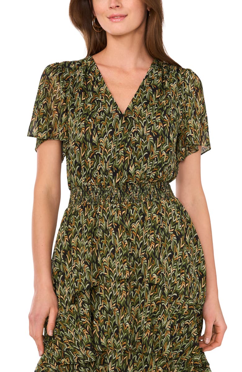 Vince Camuto V-Print Georgette Tiered Dress, Alternate, color, Rich Black/ Green