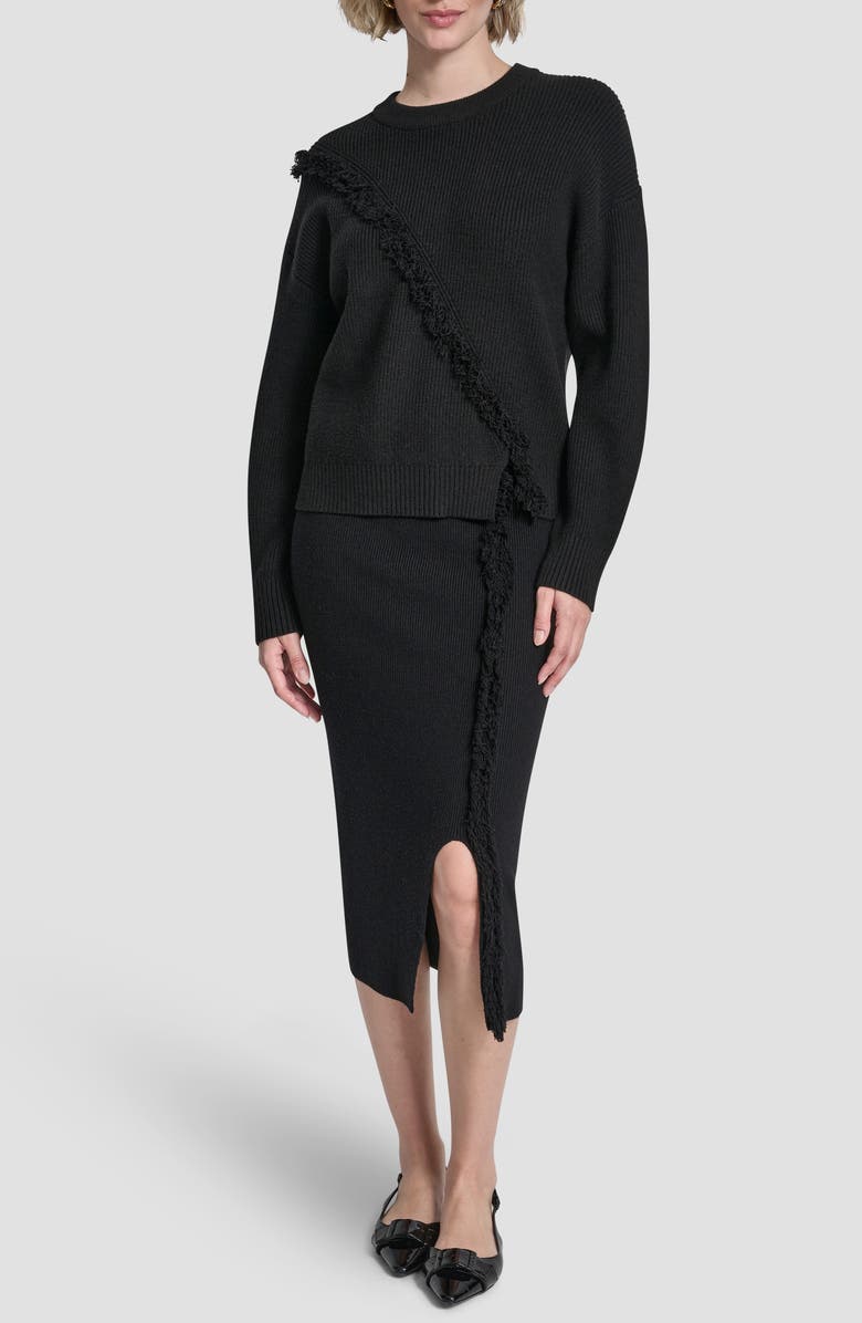 DKNY Fringe Detail Rib Sweater, Alternate, color, Black