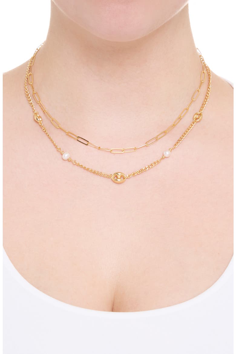 Cultured Pearl Double Chain Necklace, Alternate, color, GOLD
