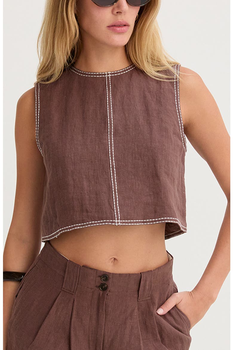 Embroidered Contrast Stitch  Linen Crop Top, Main, color, Brown