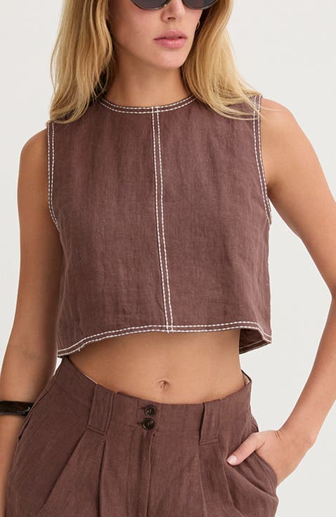 Embroidered Contrast Stitch  Linen Crop Top