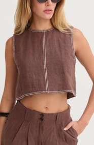 CRESCENT Embroidered Contrast Stitch  Linen Crop Top