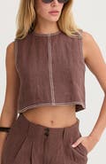 CRESCENT Embroidered Contrast Stitch Linen Crop Top