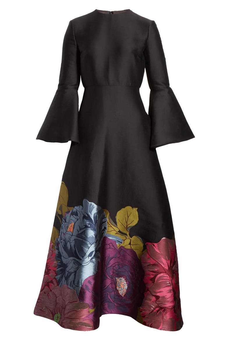 Long Sleeve Metallic Floral Brocade Tea Length Dress, Alternate, color, MULTICOLOR