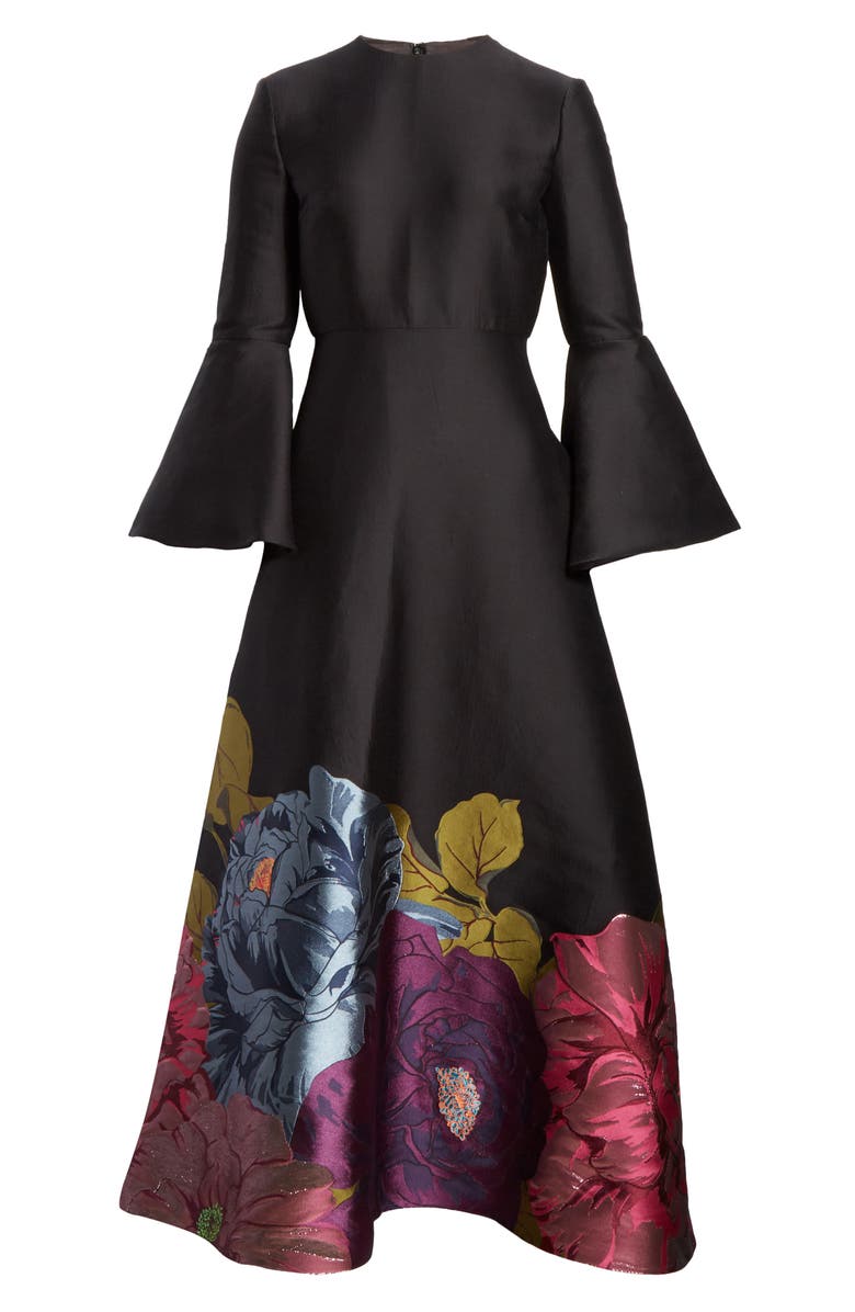 Valentino Long Sleeve Metallic Floral Brocade Tea Length Dress, Alternate, color, 