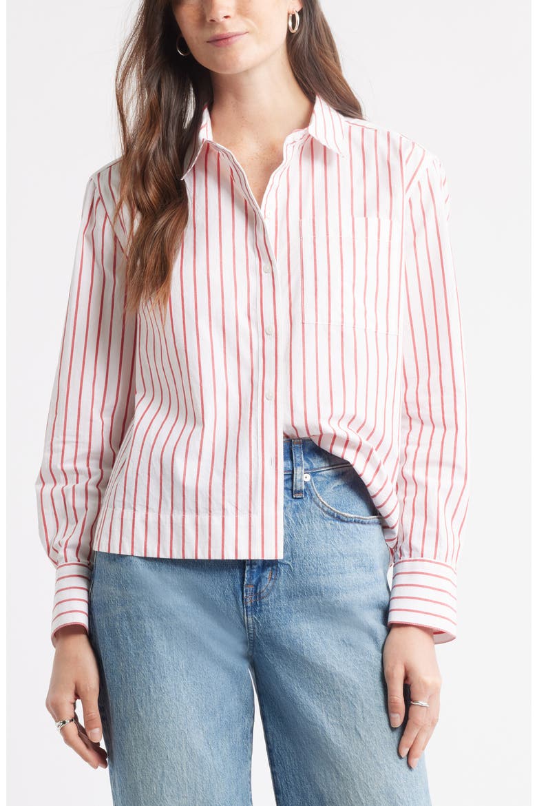 Long Sleeve Drop Hem Button-Up Shirt, Main, color, WHITE- RED CARLEY STRIPE
