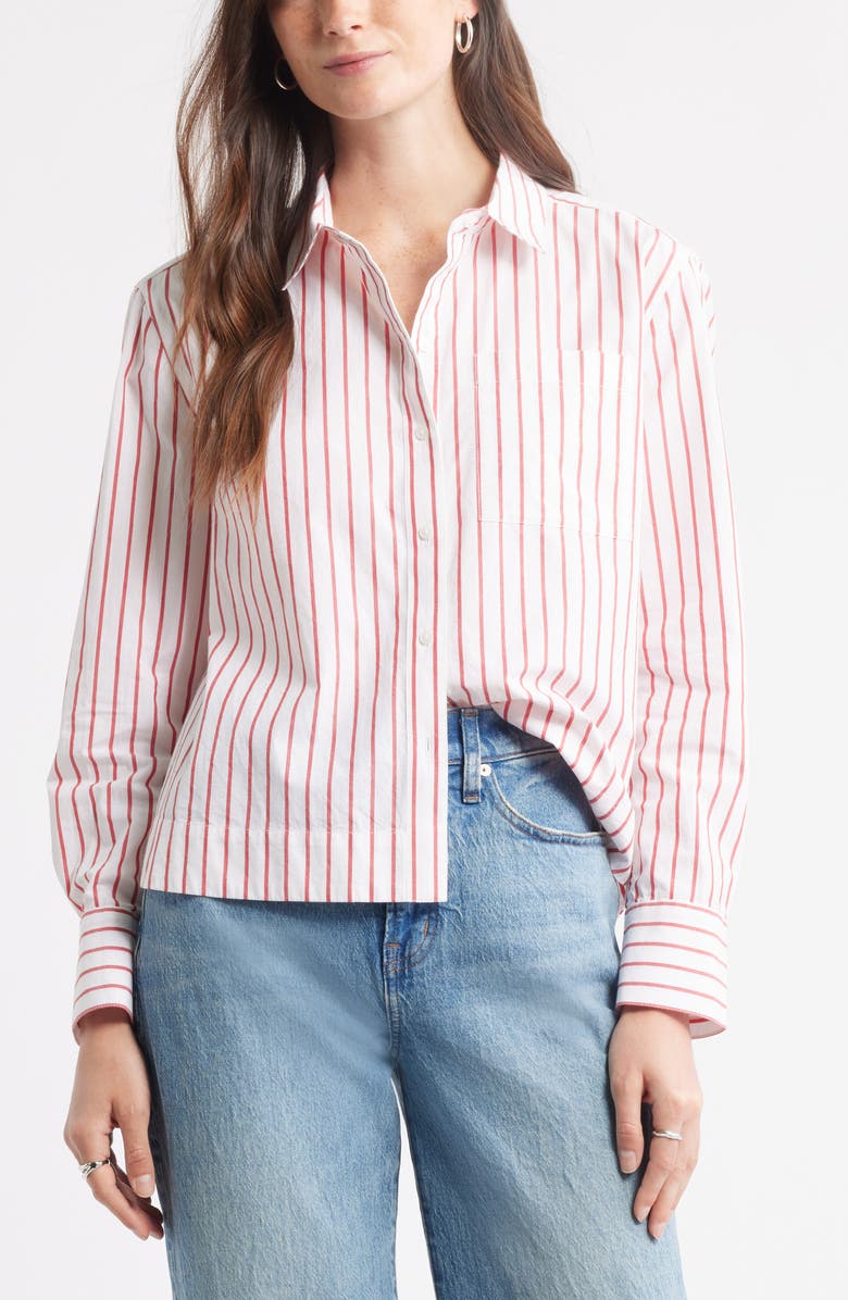 Caslon<sup>®</sup> Long Sleeve Drop Hem Button-Up Shirt, Main, color, White- Red Carley Stripe