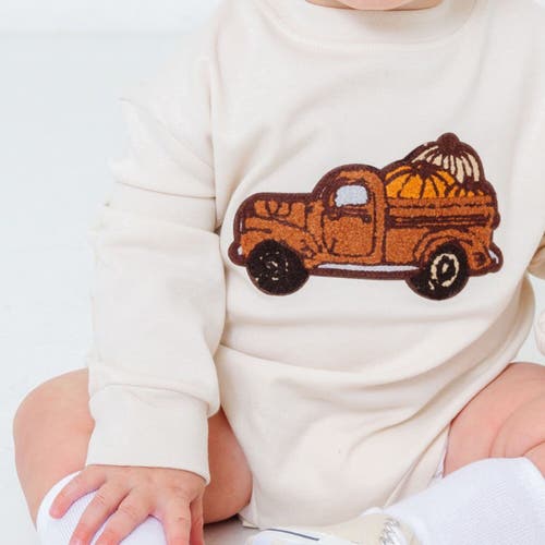 Sweet Wink Fall Truck Patch Long Sleeve Romper In Neutral