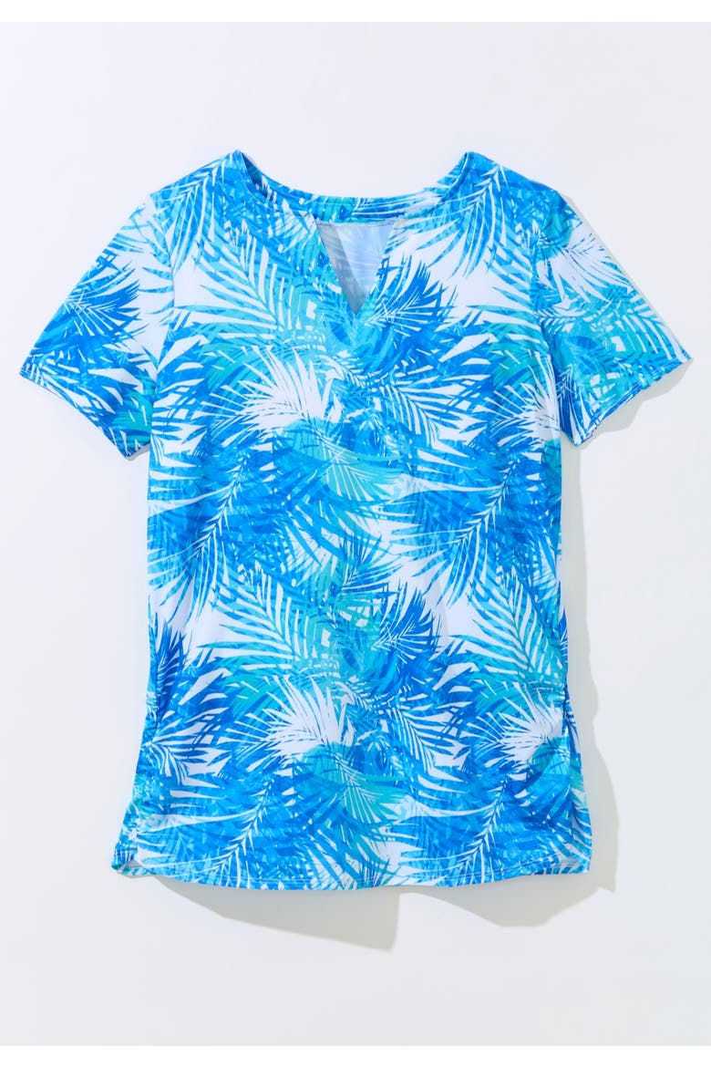 Split Neck Short Sleeve Swim Tee With Built In Bra, Alternate, color, BLUE MULTI LEAVES