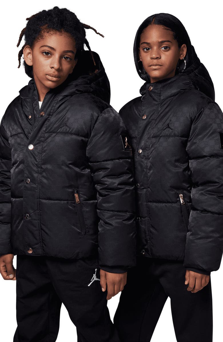 Jordan Kids' 23 Jacquard Quilted Hooded Puffer Jacket, Alternate, color, Black