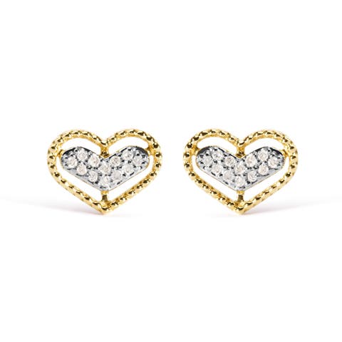10K Yellow Gold 1/10 Ct Diamond Heart and Beaded Halo Stud Earrings
