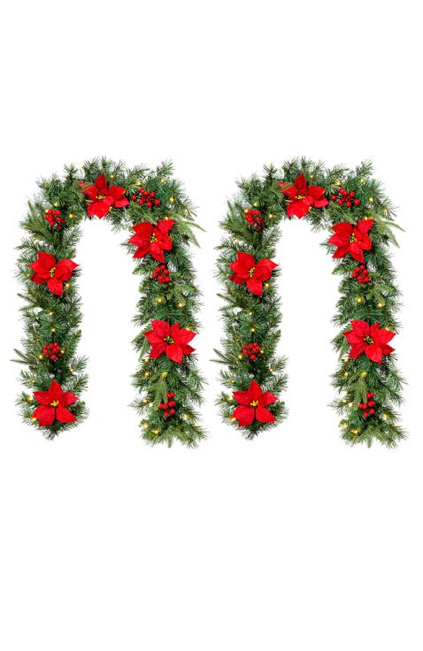 Set of 2 Artificial Poinsettia Christmas Garland with Lights and Timer