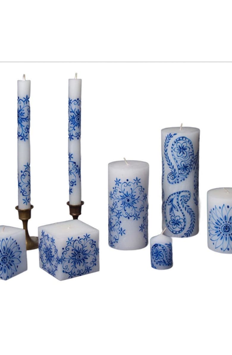 Thumbprint Artifacts Henna Blue on White Painted Candles - Set of 2, Alternate, color, Henna Blue - 9"