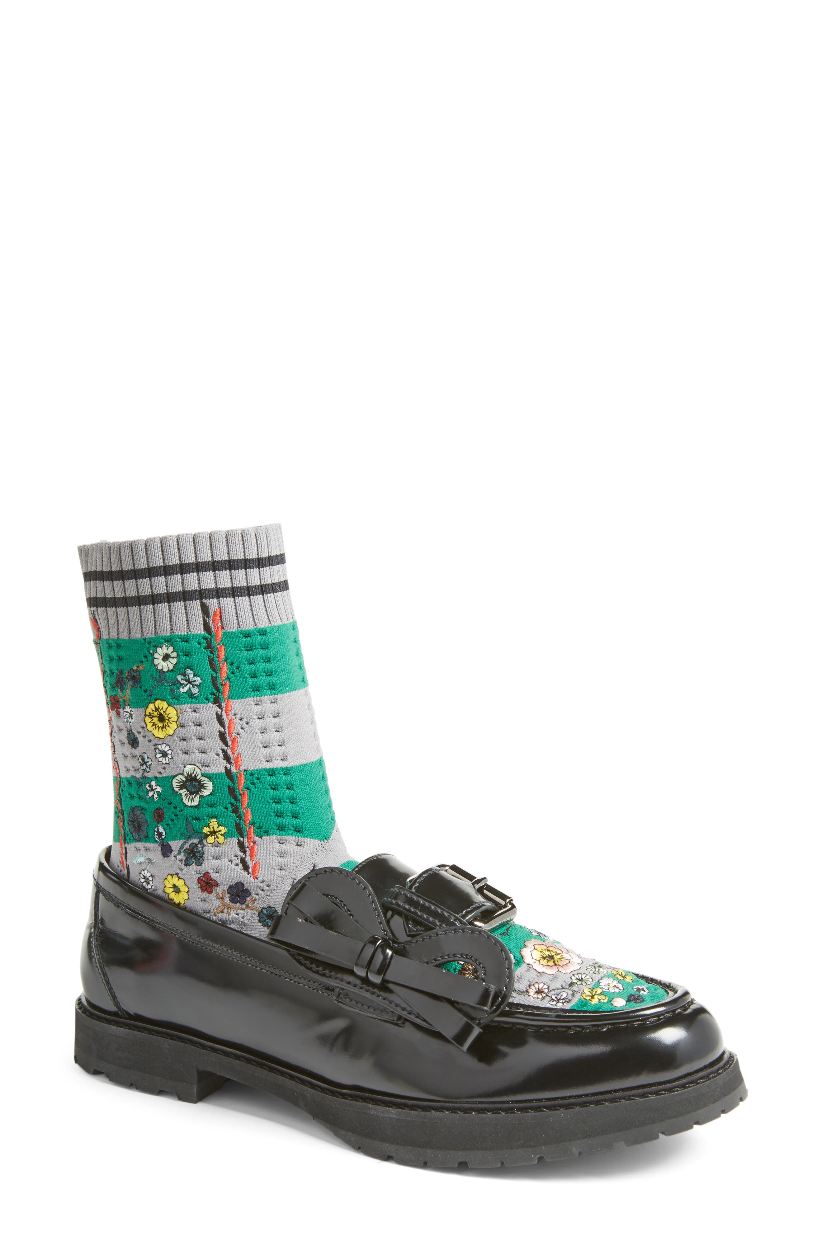 Marie Antoinette Embroidered Sock Loafer, Main, color, BLACK