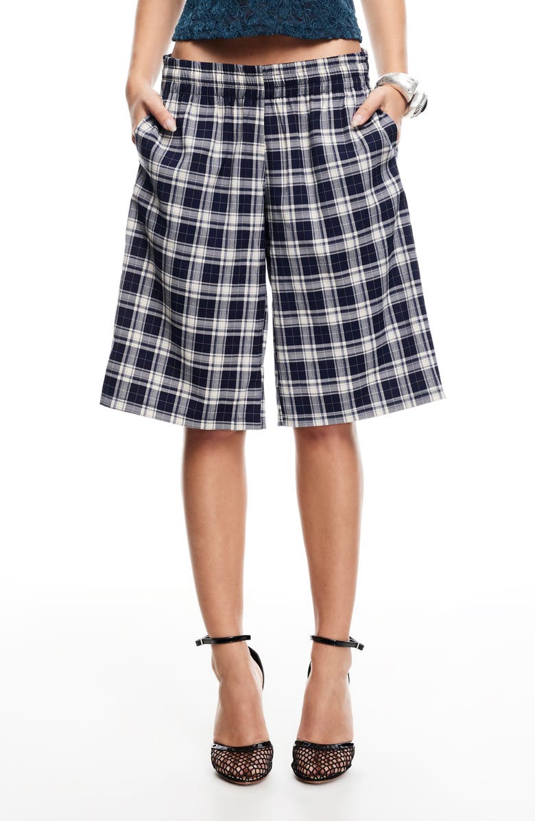 LIONESS Sevigney Plaid Long Shorts, Main, color, Navy Check