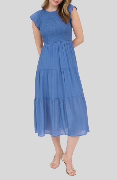 Flutter Sleeve Smocked Tiered Midi Dress