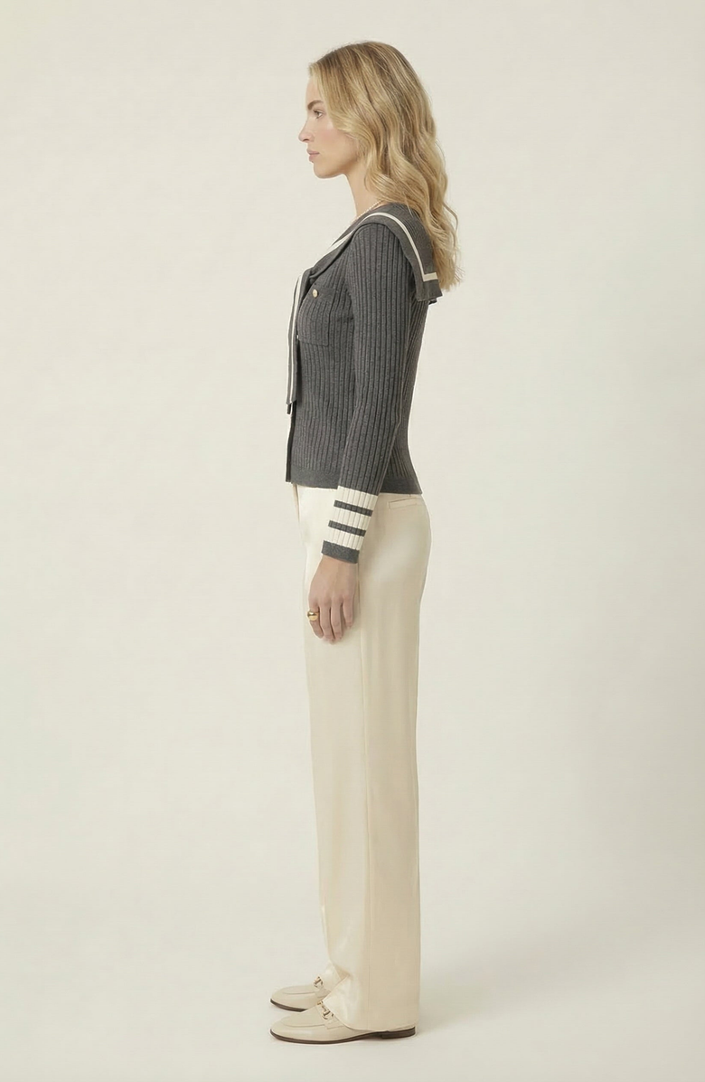 Modenaire Ribbed Knit Cardigan with Sailor Collar and Contrast Trim, Alternate, color, Charcoal Gray