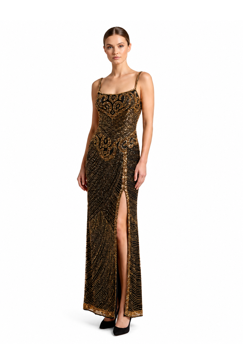 Spaghetti Strap Beaded Gown with Slit, Main, color, Black
