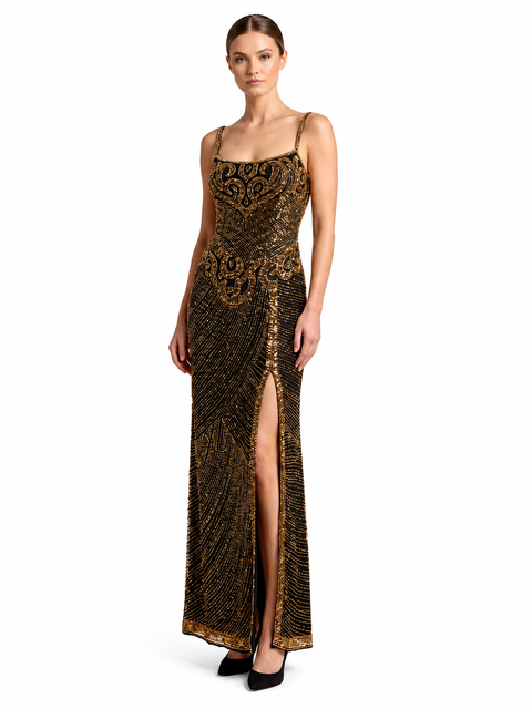 Spaghetti Strap Beaded Gown with Slit