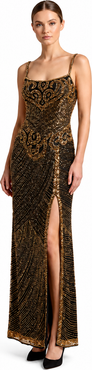 LARA New York Spaghetti Strap Beaded Gown with Slit