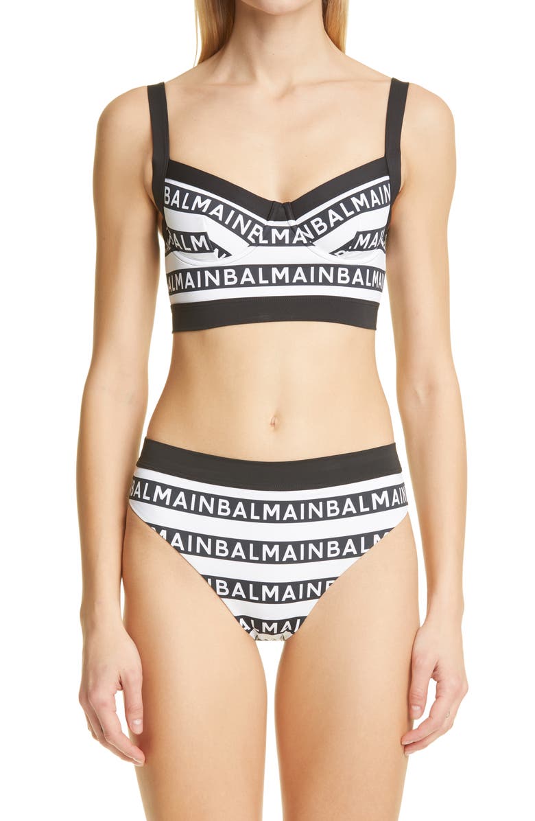 Balmain Logo Stripe Two-Piece Swimsuit, Main, color,