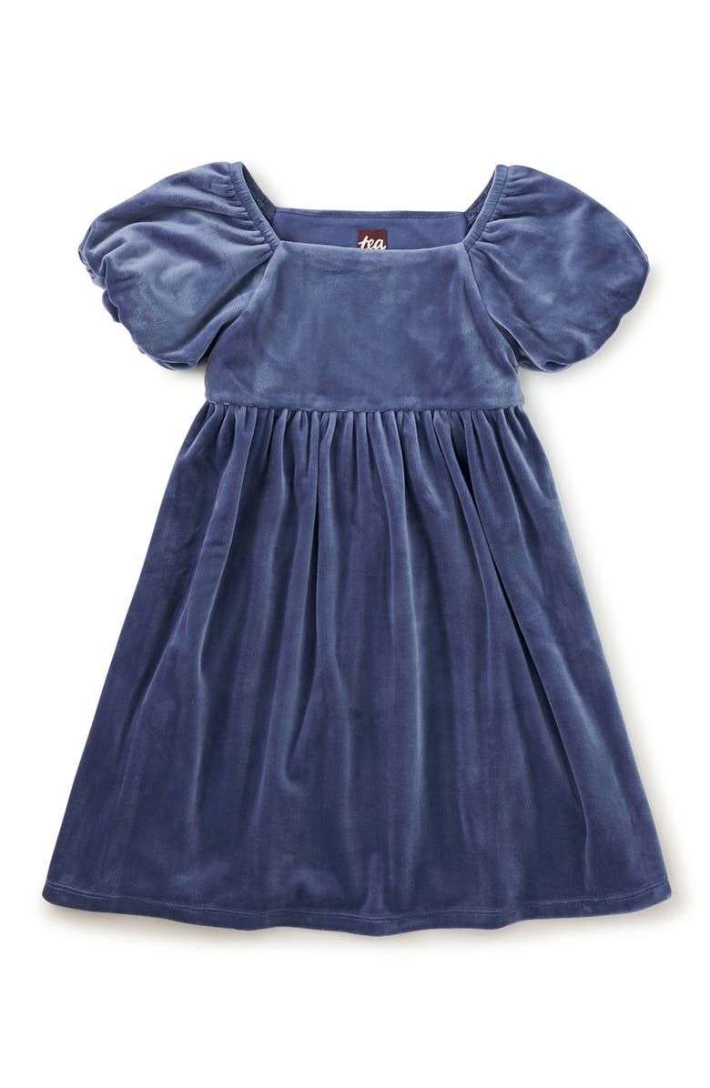 Tea Collection Puff Shoulder Velour Dress, Main, color, Naval Blue