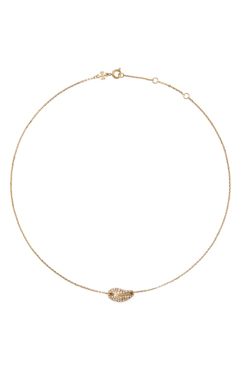 Tory Burch Pierced Pavé Pendant Necklace, Main, color, Light Brass / Crystal