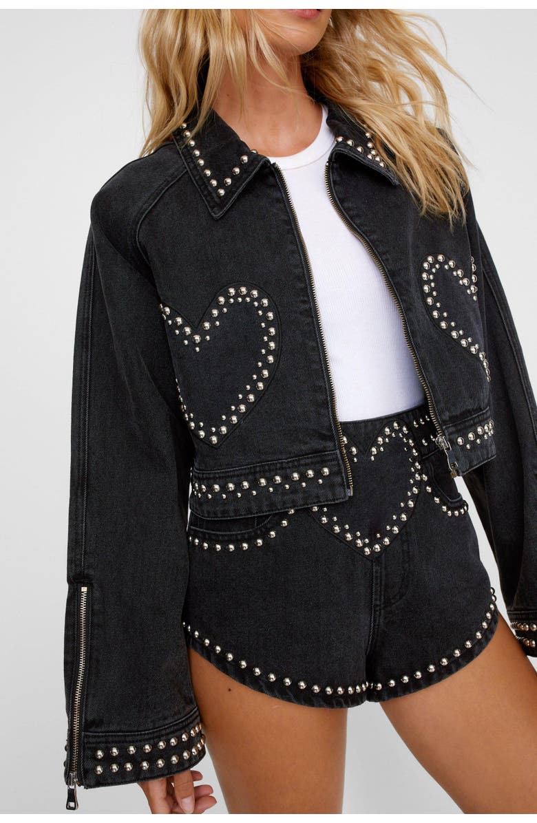 NASTY GAL Heart Studded Cropped Denim Jacket, Main, color, Washed Black