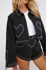 NASTY GAL Heart Studded Cropped Denim Jacket