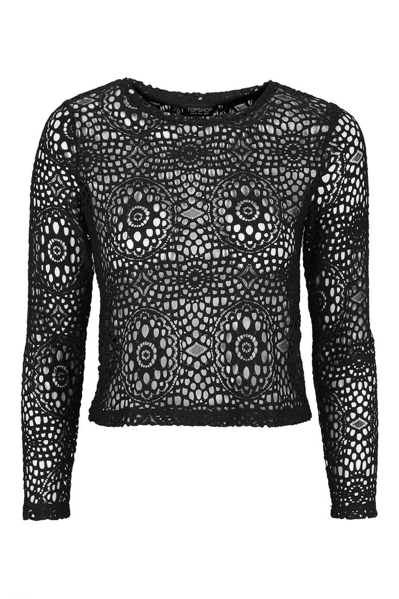 Long Sleeve Crochet Top, Alternate, color, BLACK