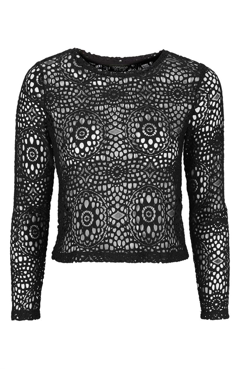 Topshop Long Sleeve Crochet Top, Alternate, color, 