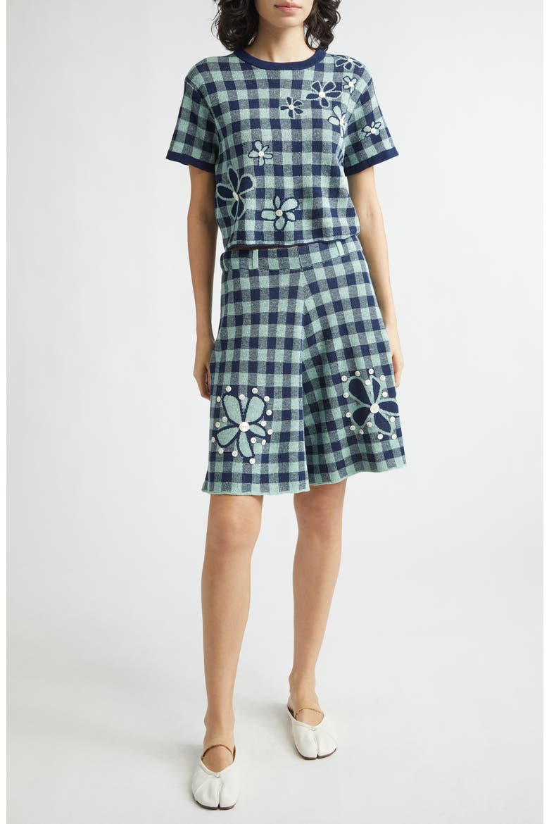 Gingham Flower Linen & Cotton Blend Jacquard Bermuda Shorts, Alternate, color, MINT/ MIDNIGHT