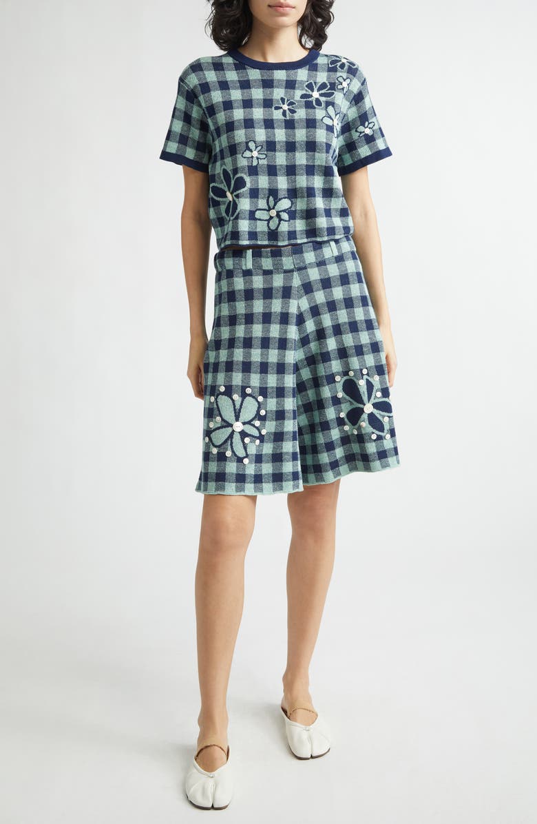 YanYan Gingham Flower Linen & Cotton Blend Jacquard Bermuda Shorts, Alternate, color, Mint/ Midnight