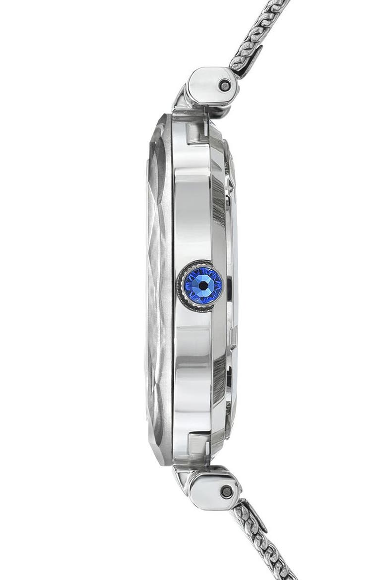 Hazel White Topaz Mother of Pearl Dial 3-Hand Quartz Mesh Strap Watch, 33mm, Alternate, color, SILVER