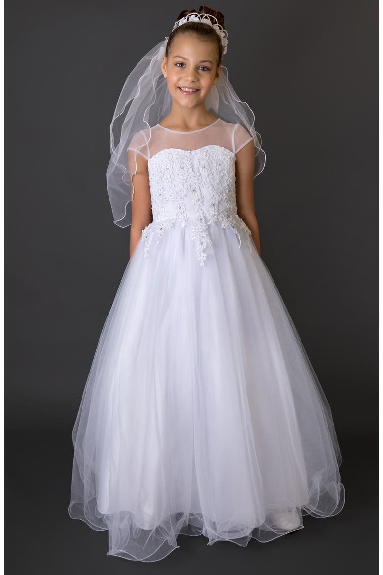 Beaded Cap Sleeve First Communion Dress, Alternate, color, WHITE