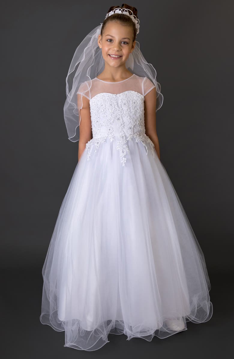 Us Angels Beaded Cap Sleeve First Communion Dress, Alternate, color, 