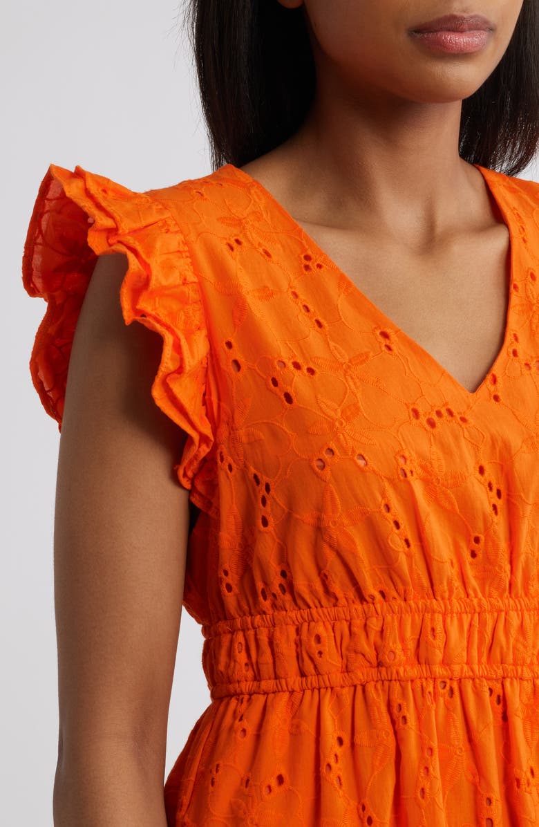 Anne Klein Embroidered Eyelet Cotton Ruffle Dress, Alternate, color, Bright Orange