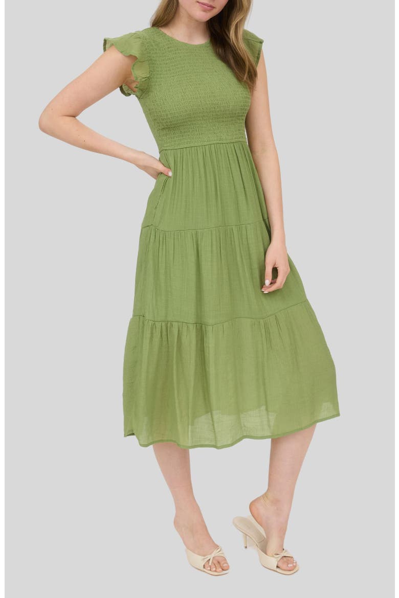 Flutter Sleeve Smocked Tiered Midi Dress, Alternate, color, OLIVE GREEN