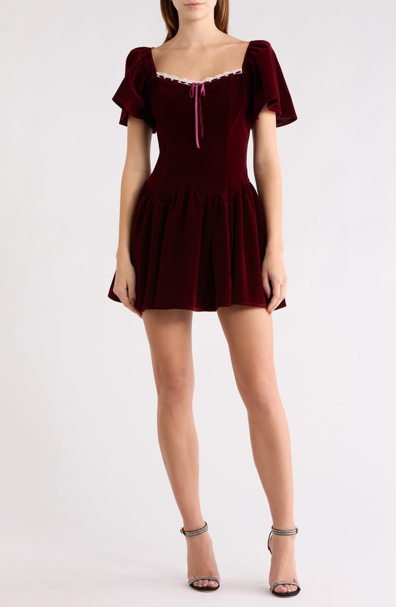 All in Favor Flutter Sleeve Minidress, Main, color, Wine