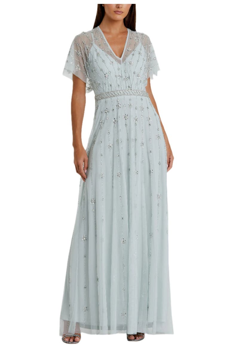 Mac Duggal Women's V Neck Embellished Flutter Sleeve A Line Gown, Main, color, Mist